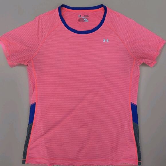 UNDER ARMOUR Womens HeatGear Striped Printed Shirt Coral XL - Picture 2 of 5